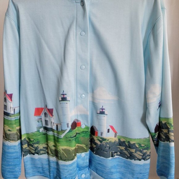 VINTAGE Blair Women’s Long Blue Light Houses Cardigan Sweater (Size: Medium) - Picture 1 of 16
